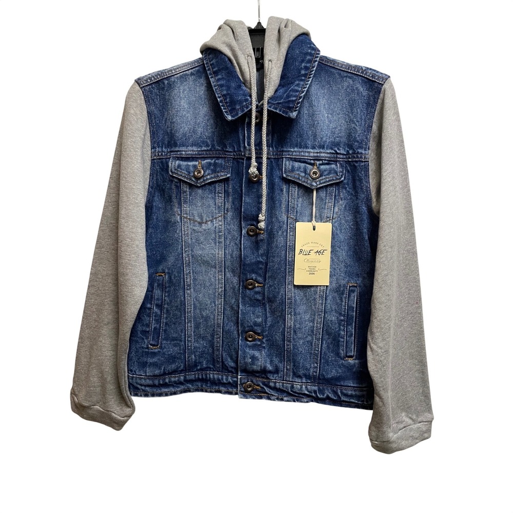 Blue Age Kids Denim Jacket Hoodie Hybrid Medium Wash Gray Sleeves Large JK-3104